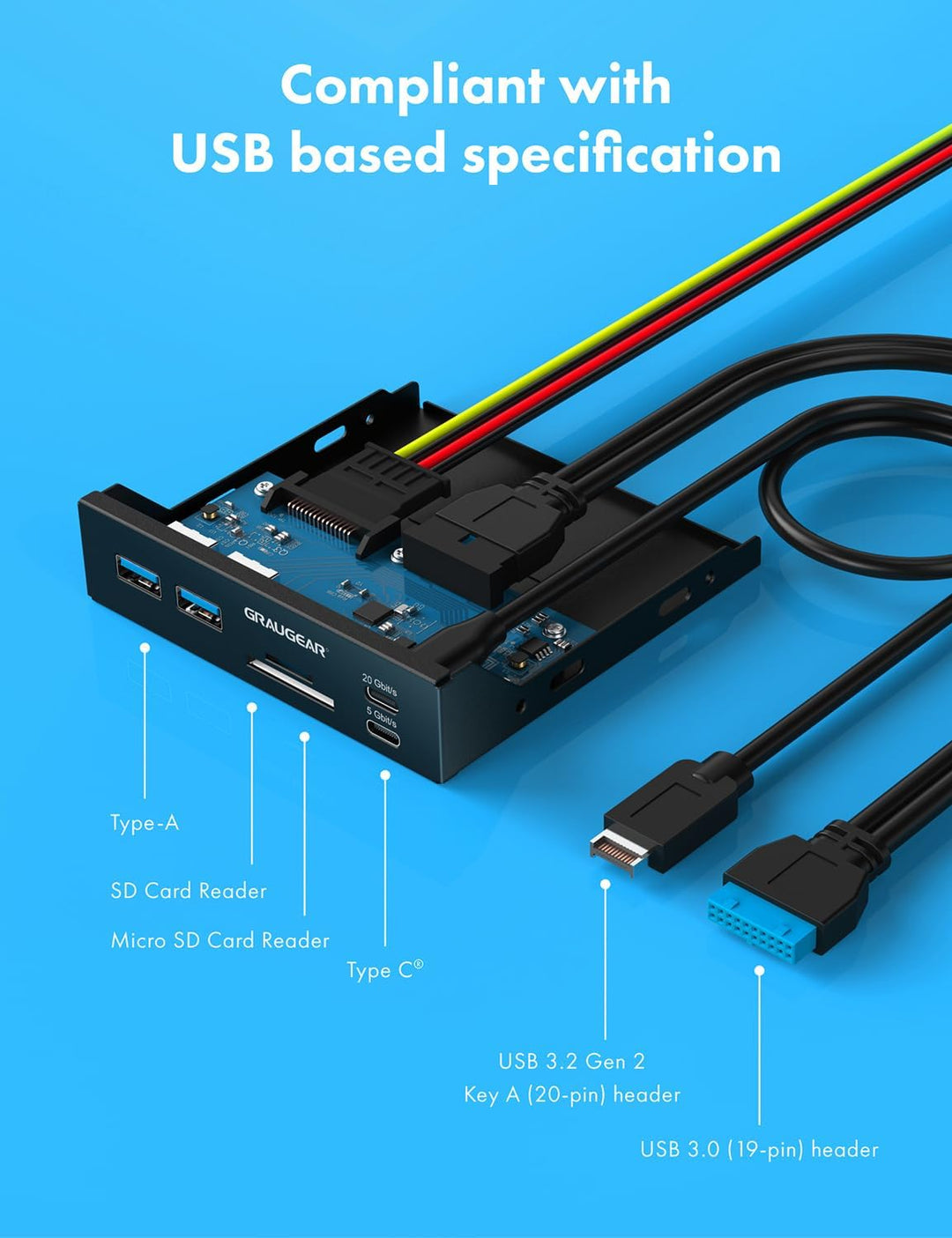 GRAUGEAR | 6-Schnittstellen Front-Panel in 3,5 Zoll | USB3.2 Gen2 2x2 Typ-C bis zu 20Gbit/s | 2xUSB-