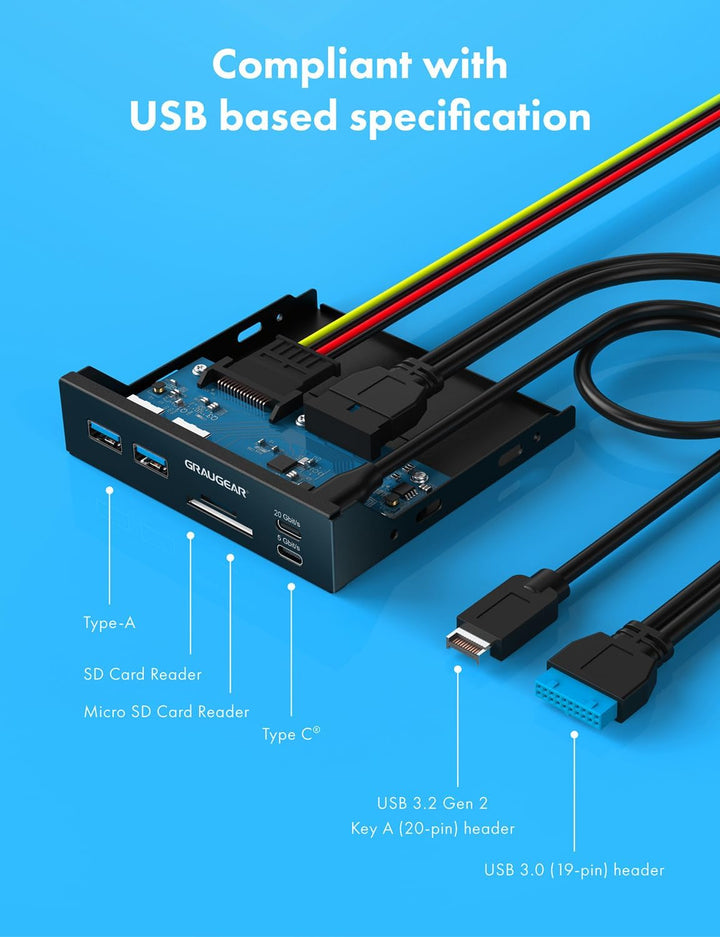 GRAUGEAR | 6-Schnittstellen Front-Panel in 3,5 Zoll | USB3.2 Gen2 2x2 Typ-C bis zu 20Gbit/s | 2xUSB-