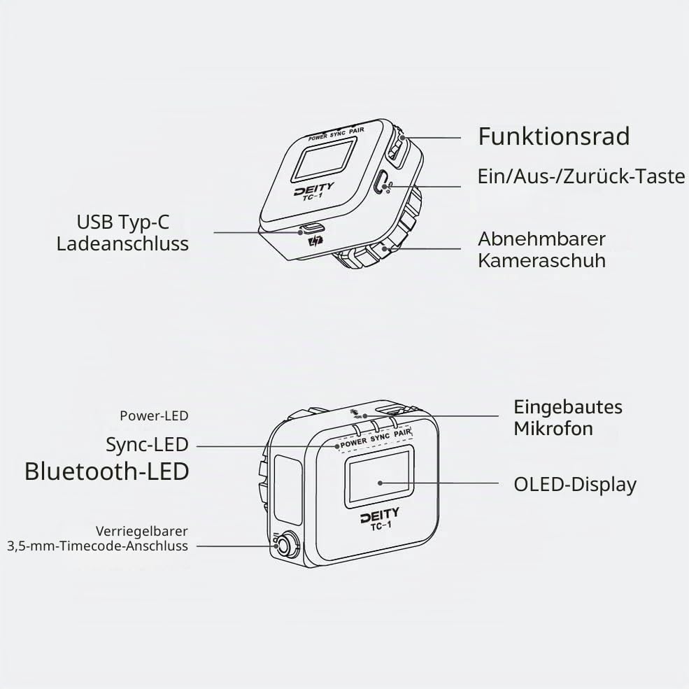 Deity TC-1 Timecode-Generator mit 2,4 G kabelloser Synchronisation und Bluetooth, unterstützt seitli