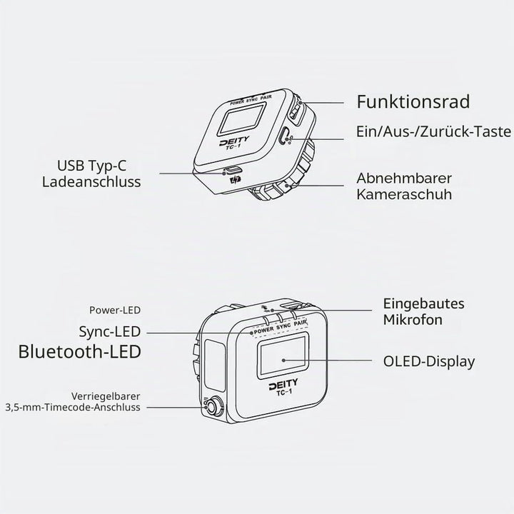 Deity TC-1 Timecode-Generator mit 2,4 G kabelloser Synchronisation und Bluetooth, unterstützt seitli