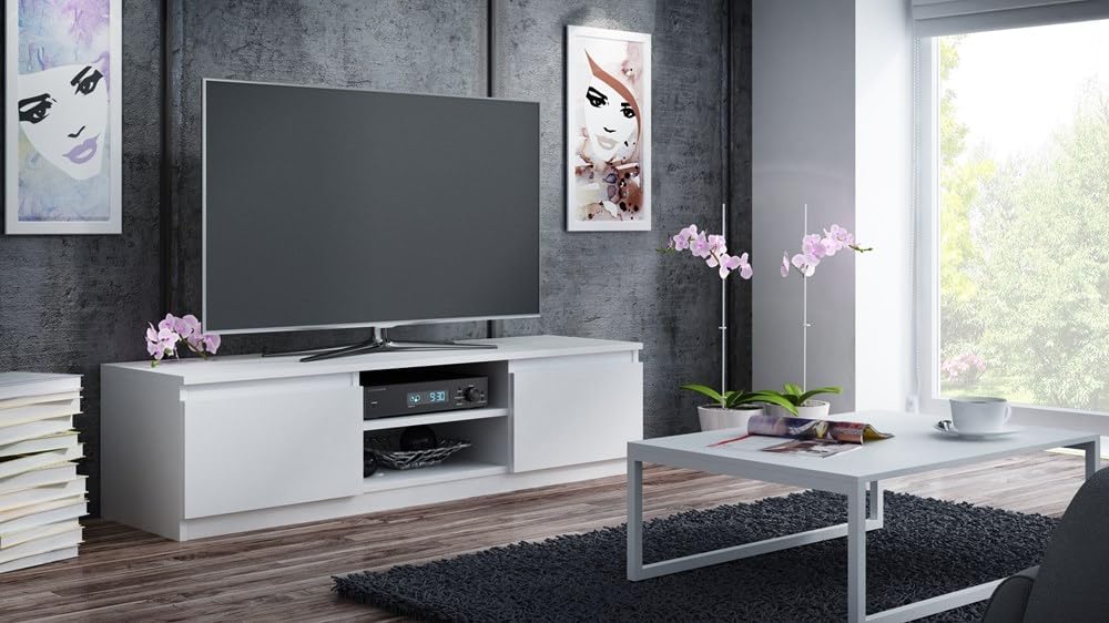 VBChome TV-Schrank 140 x 40 x 36 cm Weiss Griffelose Tv-Regal Fernsehtisch mit 2 Türen Holz Mehrzwec