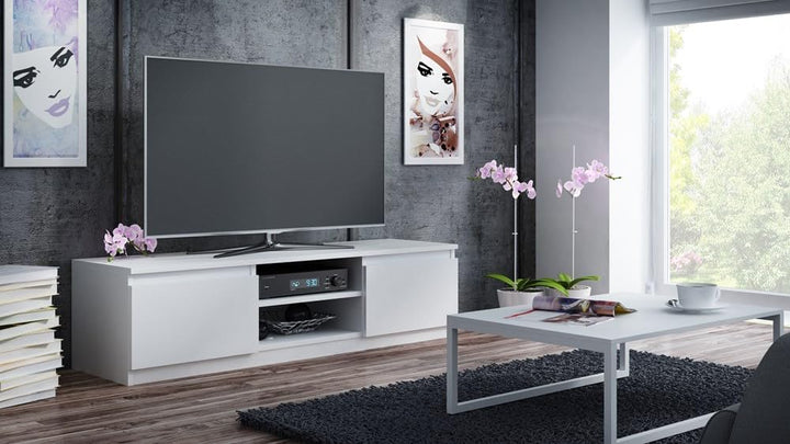 VBChome TV-Schrank 140 x 40 x 36 cm Weiss Griffelose Tv-Regal Fernsehtisch mit 2 Türen Holz Mehrzwec