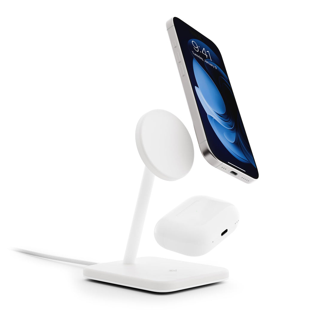 Twelve South HiRise 2 Deluxe 2-in-1-Ladeständer Qi2 für iPhone und AirPods, Weiss