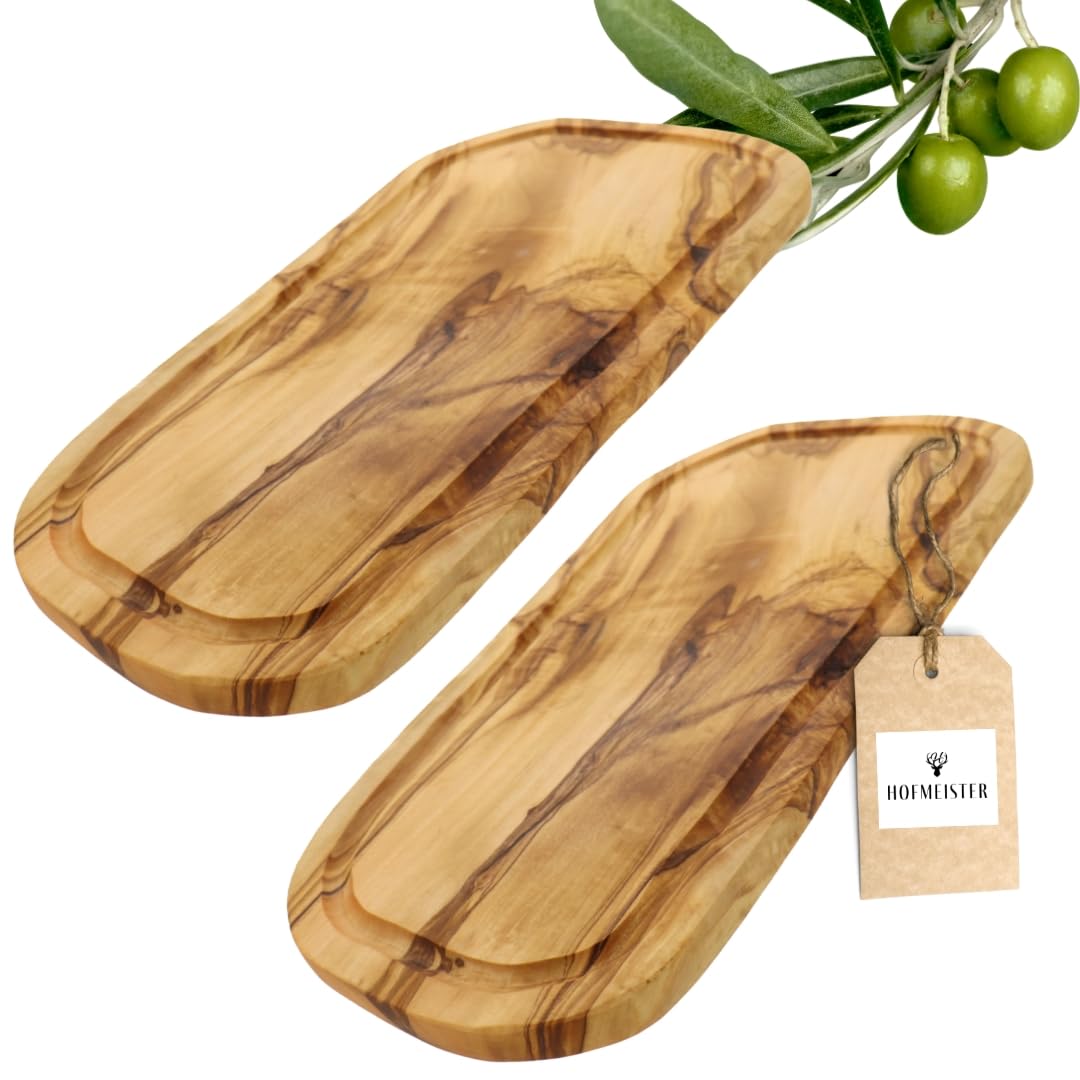 2x HOFMEISTER® Schneidebrett Saftrille Olivenholz - praktisches Set aus zwei Brettern aus Olive mit