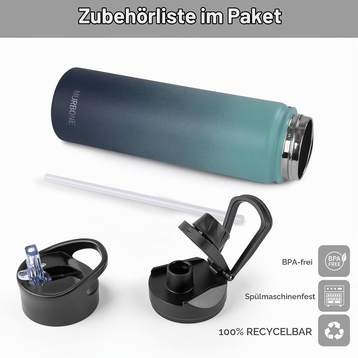 Edelstahl Trinkflasche 750ml (+2 Deckel)-mit Strohhalm,BPA frei,Thermosflasche Auslaufsicher,Kohlens