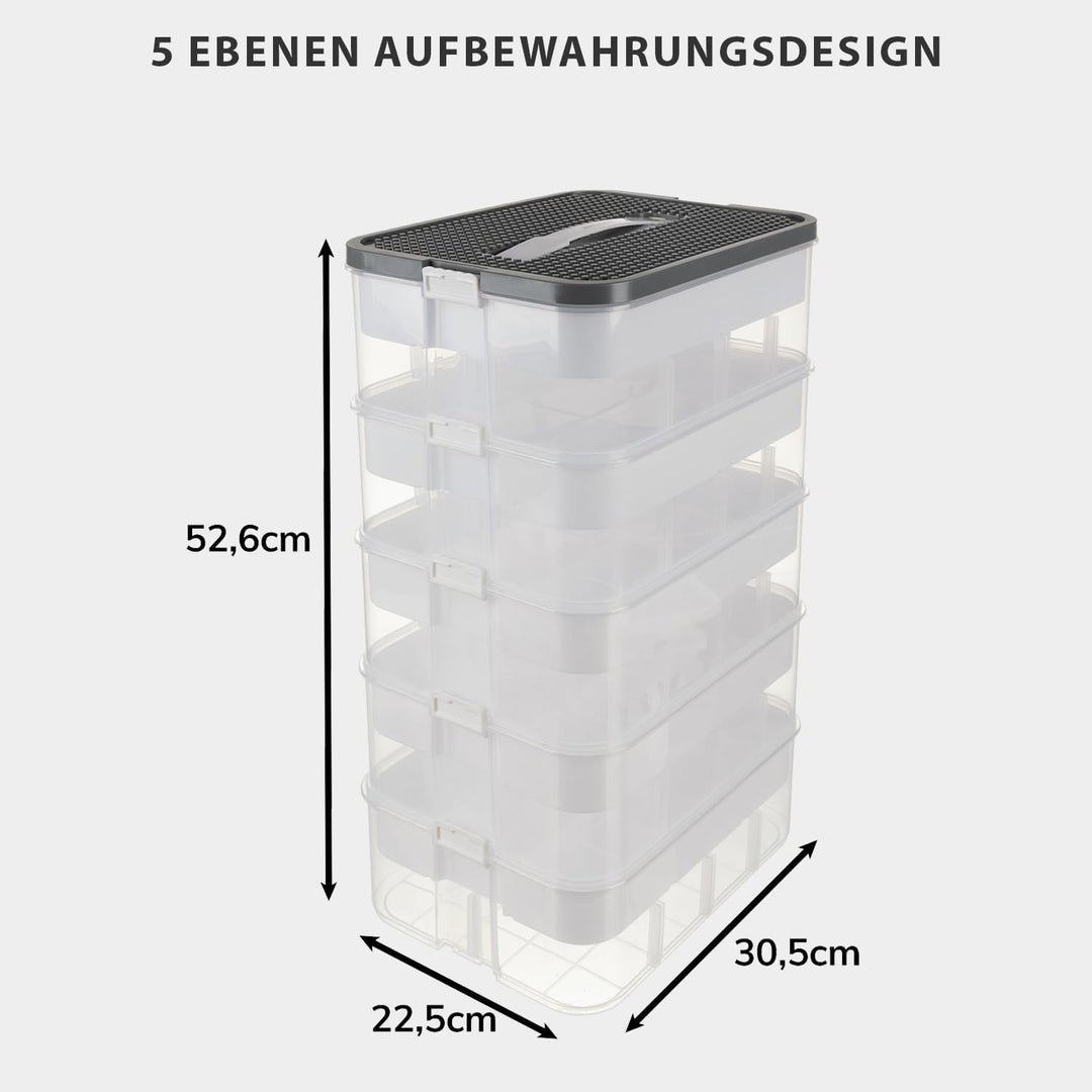KRUZZEL Bausteine Aufbewahrungsbox 35L mit Griff & Trennwänden – 5 Etagen Stapelbox Transparent für