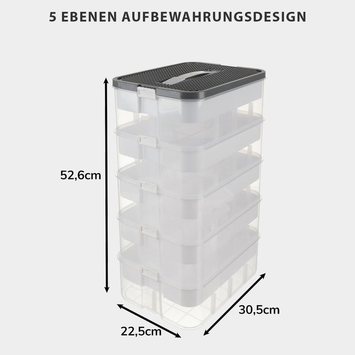 KRUZZEL Bausteine Aufbewahrungsbox 35L mit Griff & Trennwänden – 5 Etagen Stapelbox Transparent für