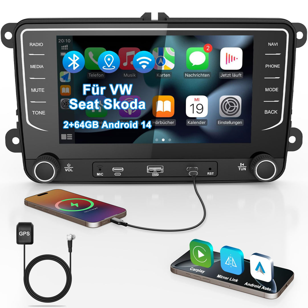 Autoradio mit Bildschirm Bluetooth 2+64GB für VW Golf 5 6 Polo T5 Passat Touran Seat Skoda, 2Din Aut