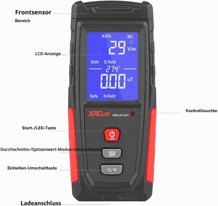 EMF Messgerät, XRCLIF Digitaler Elektromagnetischer Strahlungsdetektor, Handheld EMF Tester für Zuha