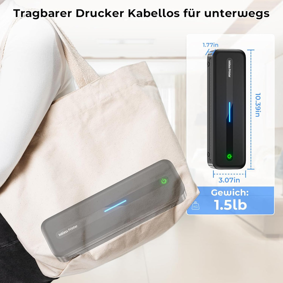 Mobiler Drucker A4 für Unterwegs, Tragbarer Drucker Thermodrucker A4 Wireless Bluetooth Inkless Hand