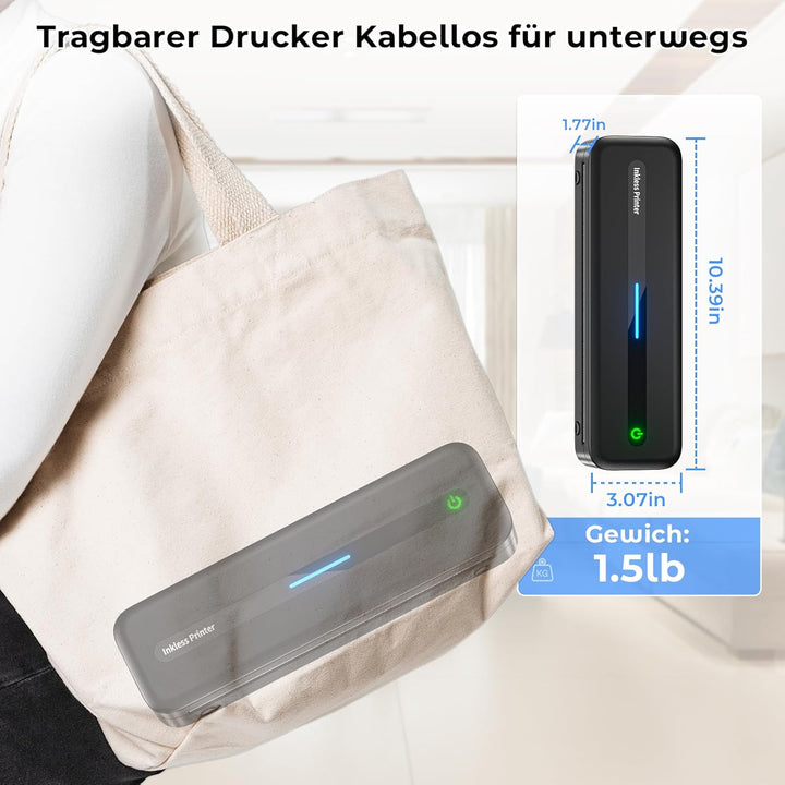Mobiler Drucker A4 für Unterwegs, Tragbarer Drucker Thermodrucker A4 Wireless Bluetooth Inkless Hand