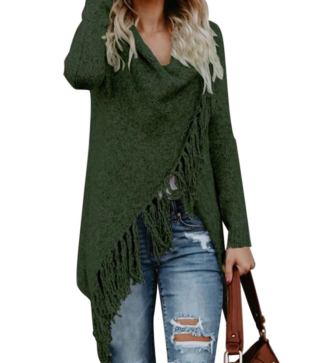CEASIKERY Damen-Poncho mit Fransen, Pullover, Lange Strickjacke, Strickpullover, Mantel S Grün, S Gr
