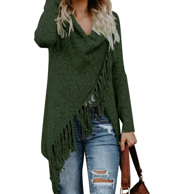 CEASIKERY Damen-Poncho mit Fransen, Pullover, Lange Strickjacke, Strickpullover, Mantel S Grün, S Gr
