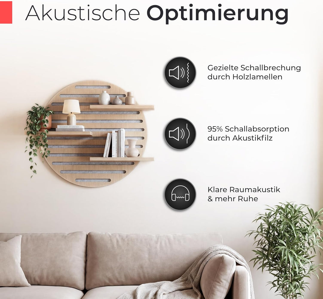 Akustikpaneele Holz Wandregal – Echtholz Eiche & Akustikfilz Grau | rund 70x60cm – Regal & Schalldäm
