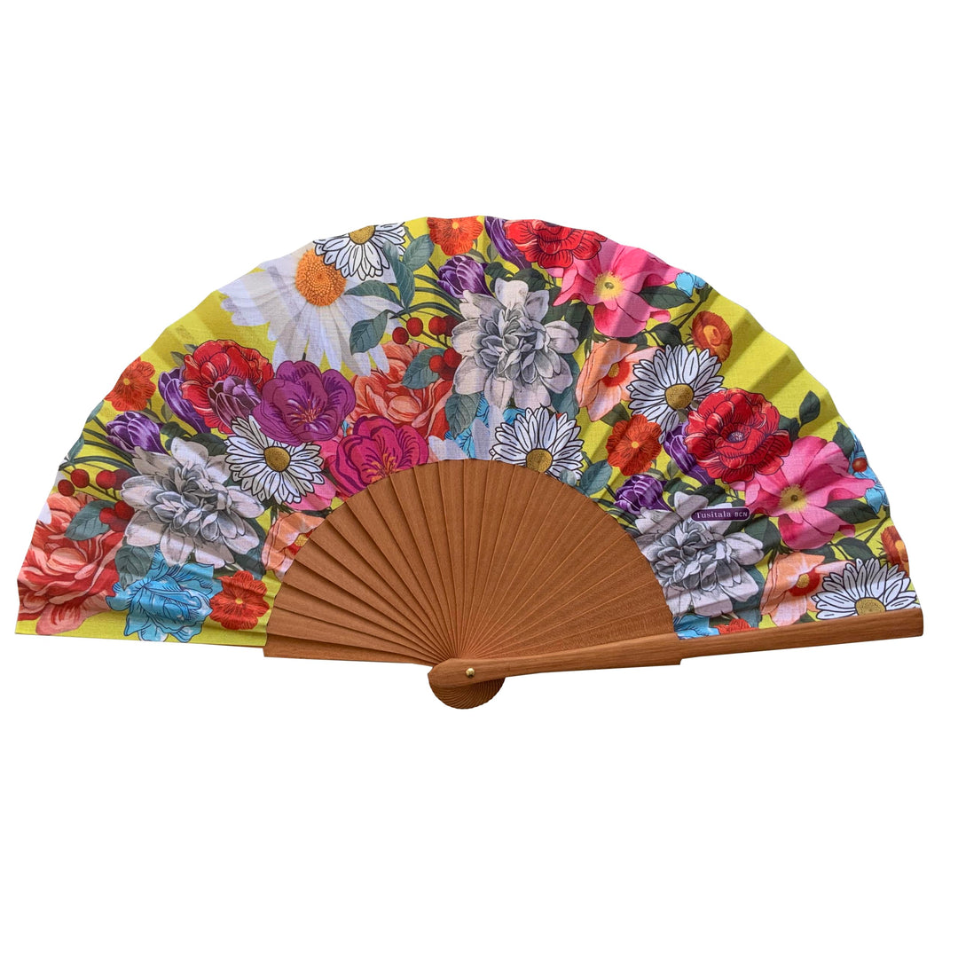Spanischer Handfächer Flora – Holz und Baumwolle – 23 cm – Etui und Hülle aus Jute – Modeaccessoire