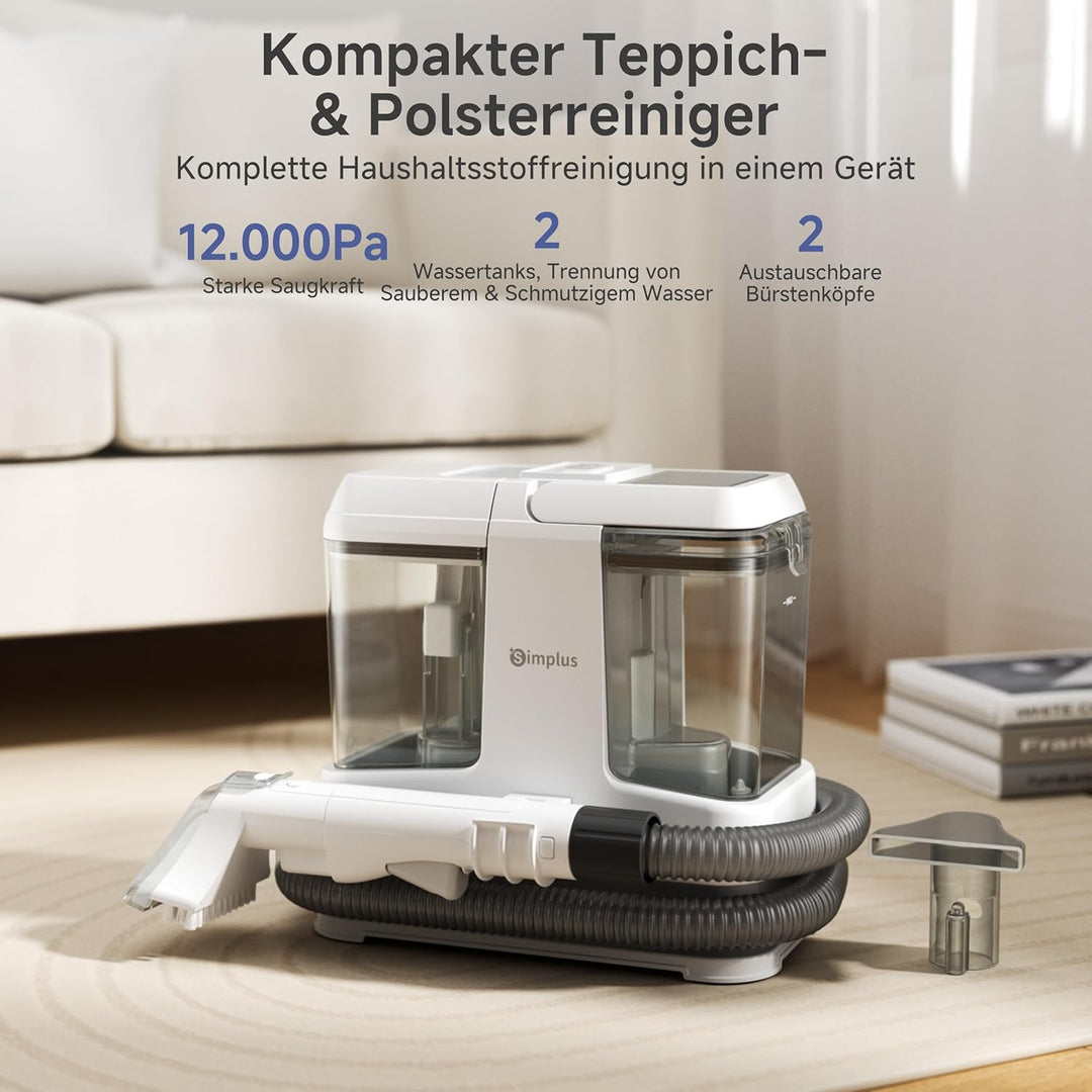 SIMPLUS Waschsauger Polsterreiniger Gerät, 12000Pa Teppichreiniger mit 2-Tank System, Kompakter Nass