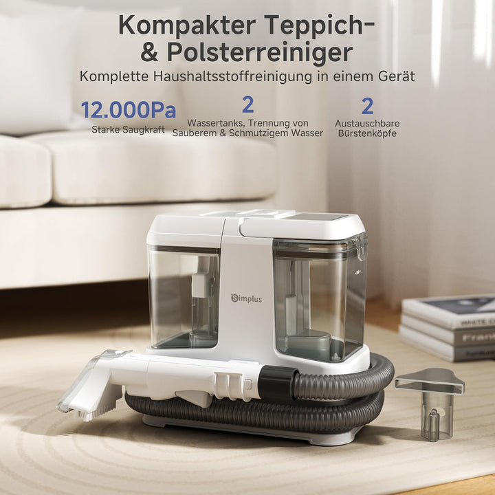 SIMPLUS Waschsauger Polsterreiniger Gerät, 12000Pa Teppichreiniger mit 2-Tank System, Kompakter Nass