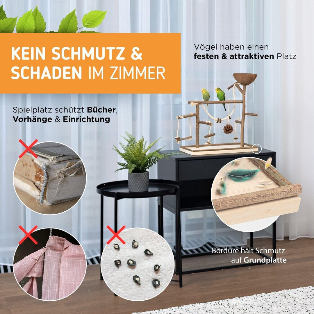 Vogelgaleria Luxus Vogelspielplatz aus Natur Holz mit Abnehmbarer Futterschale | Ideales Spielzeug b