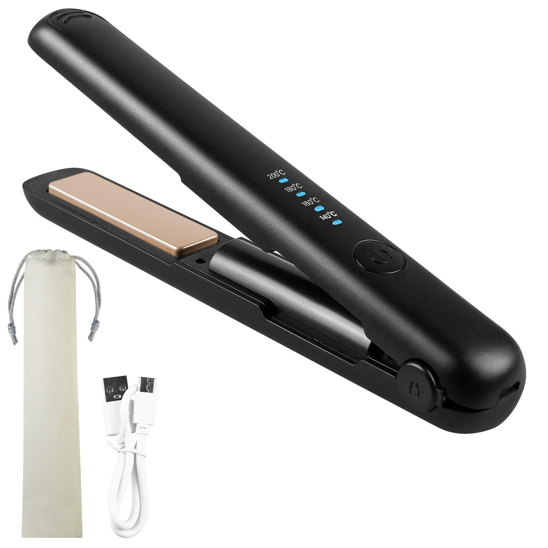 Glätteisen Kabellos, Tragbarer Mini Haarglätter und Lockenstab 2-in-1, Aufladbarer Haarglätter mit 4
