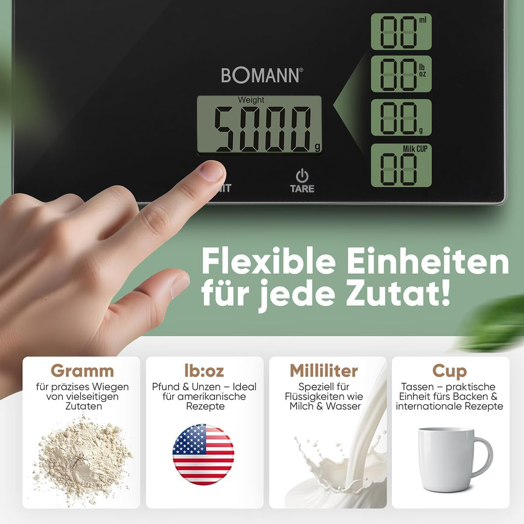 Bomann Küchenwaage digital | hohe Präzision | 1g Schritte | bis zu 5kg | Zuwiegefunktion | stabiles