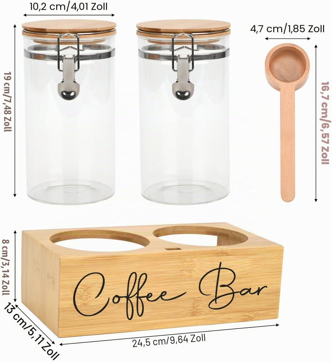 Kaffeedosen-Set aus Glas mit Bambusregal und Löffel, 2 luftdichte Behälter (je 1,3 l) für Kaffeebohn
