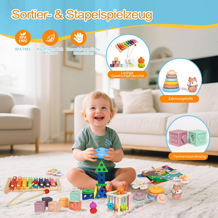 Montessori Spielzeug für Kleinkinder 1–3 Jahre, 7-in-1 Lernspielzeug Aktivitätsset mit Stoffbuch, St