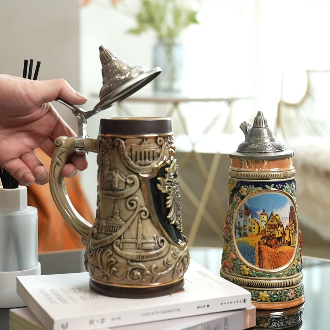 NENBOLEC Bierkrug mit Zinndeckel Bierseidel Steinkrug Gravur Deutsch Zinnwappen Beer Stein 0.9L