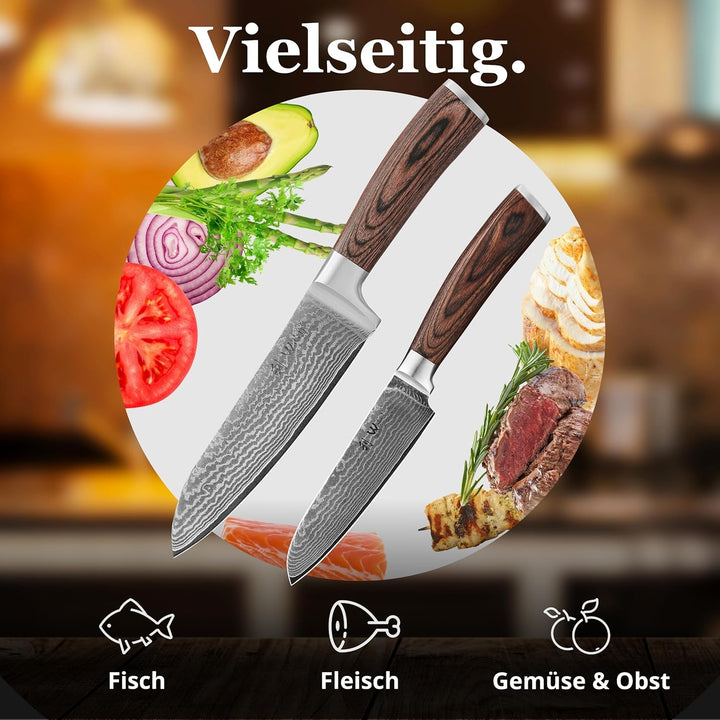 Wakoli Edib 2er Damastmesser-Set mit extrem scharfen Klingen von 12-17 cm Länge gefertigt aus 67 Lag