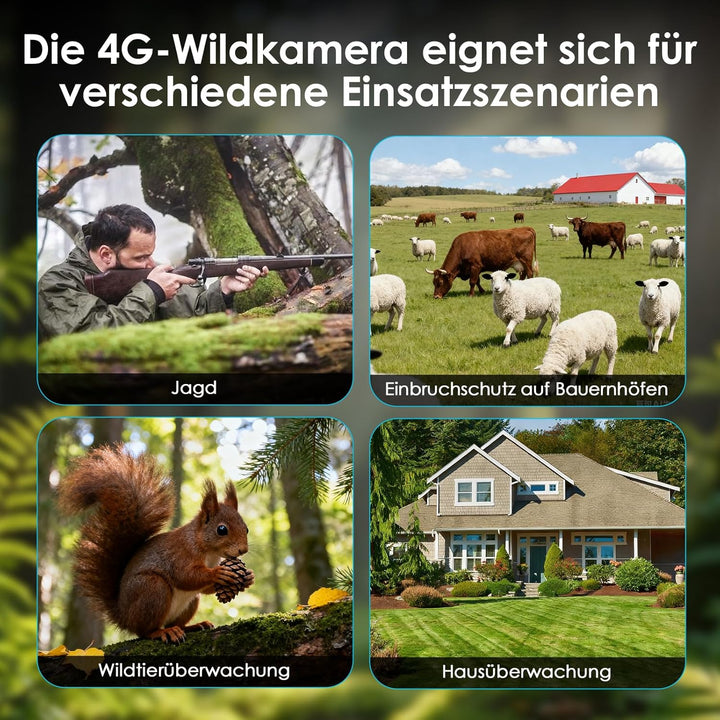 WOLFANG 4G/LTE Wildkamera Solar, 2K 48MP Live Übertragung Wildkamera mit Handyübertragung App, 5200H