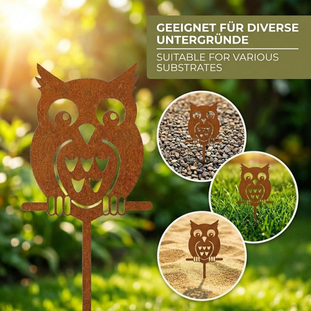 Edelrost Eule Gartenstecker-einfach einsteckbare Rostdeko aus hochwertigem Cortenstahl für Garten, T