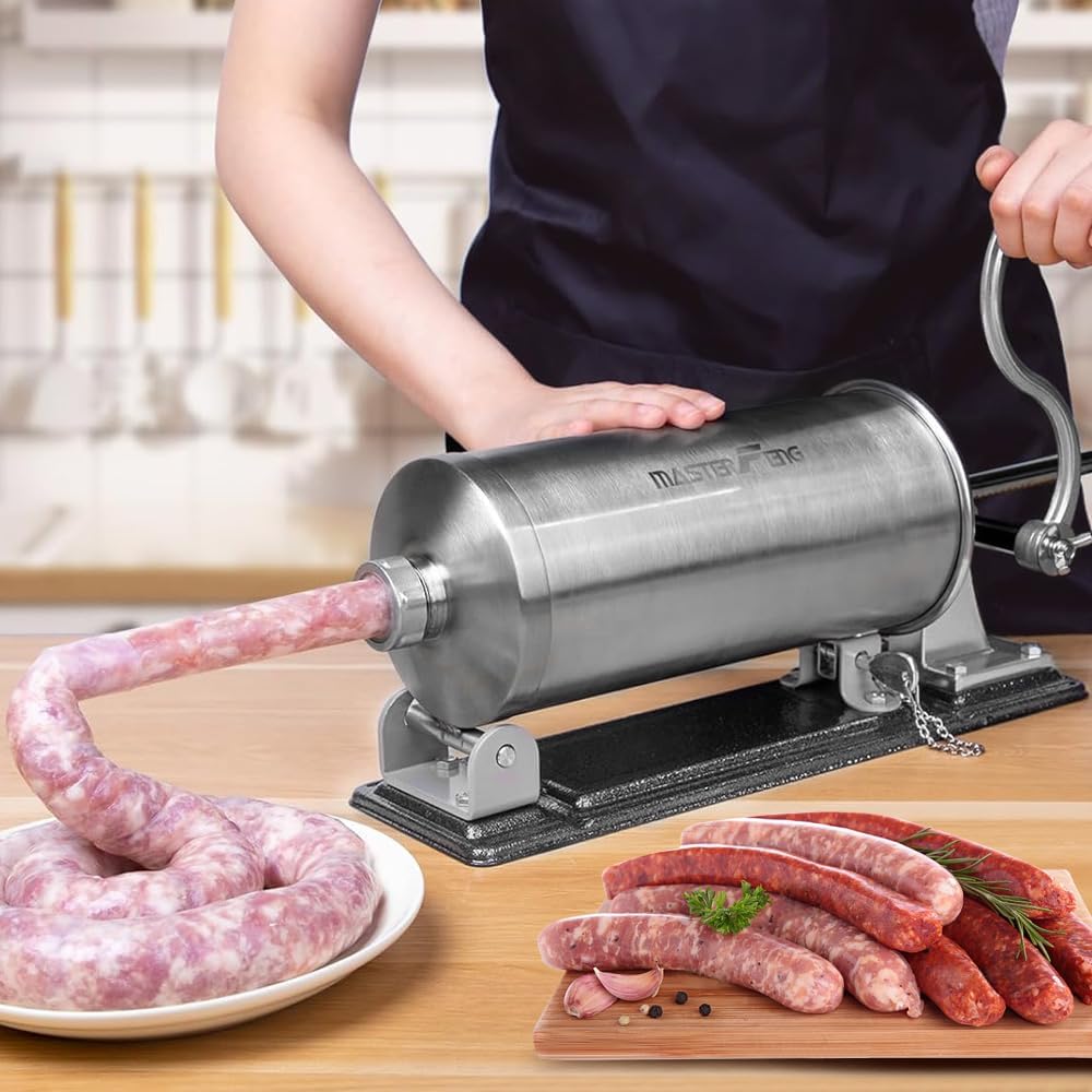 MASTER FENG 6 LBS Wurstfüllmaschine Horizontale Füllmaschine aus Edelstahl mit 8 Fülltrichtern und 1