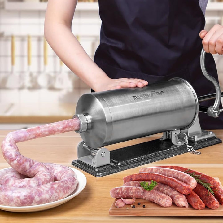 MASTER FENG 6 LBS Wurstfüllmaschine Horizontale Füllmaschine aus Edelstahl mit 8 Fülltrichtern und 1