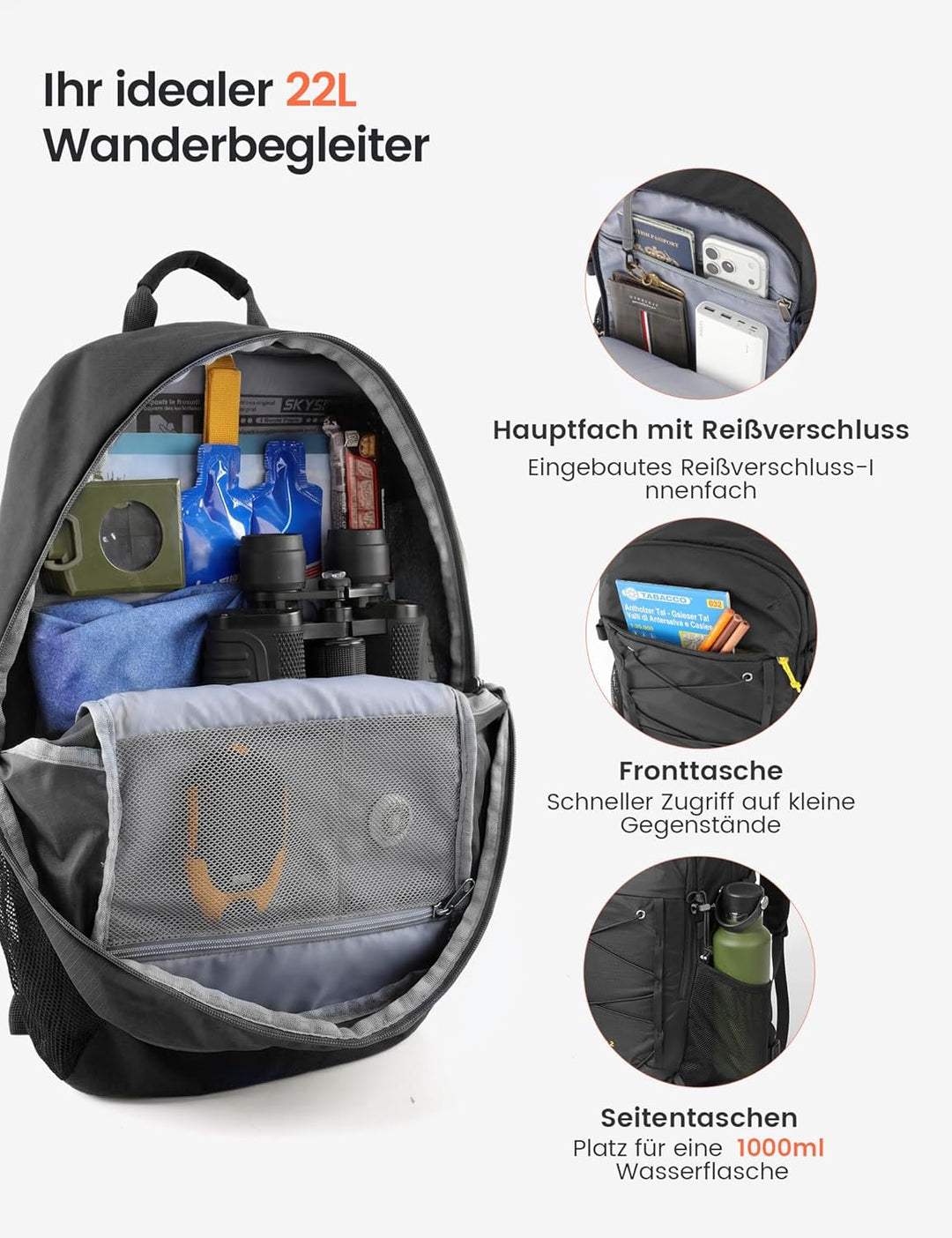 SKYSPER 22L Wanderrucksack Herren Damen Leichter Trekkingrucksack mit Belüftungsrücken Diebstahlsich