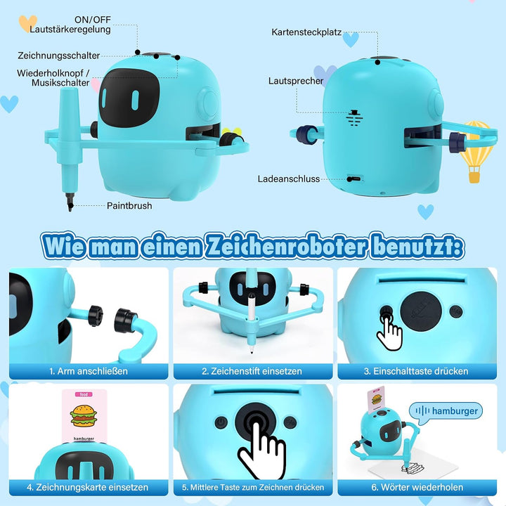 Zeichenroboter für Kinder, Drawing Robot mit 100 Karten, Sprachinteraktiver Malroboter Lernspielzeug