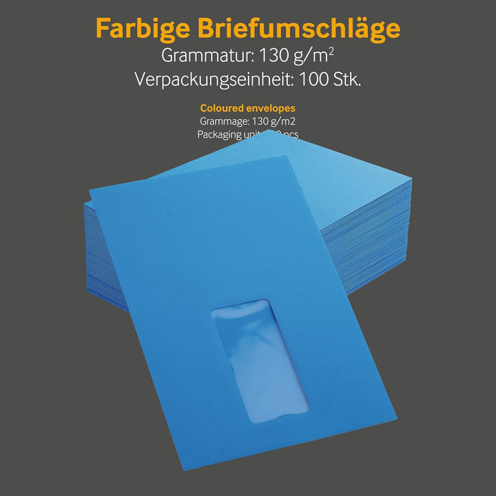 100 Stück, Farbige Briefumschläge, DIN C5, Haftklebung mit Abziehstreifen, Gerade Klappe, 130 g/qm C