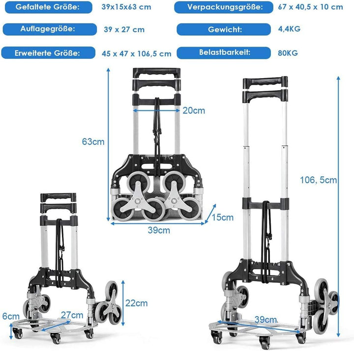 RELAX4LIFE Treppensteigwagen, höhenverstellbare Sackkarre mit 10 Rädern, faltbare Transportkarre mit