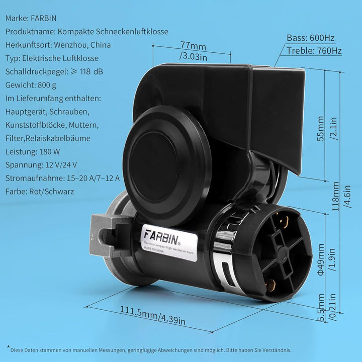 FARBIN Lufthorn 12v Druckluft Hupe Airhorn mit kompressor Laute Truck Luft horn 118 dB Signalhorn fü