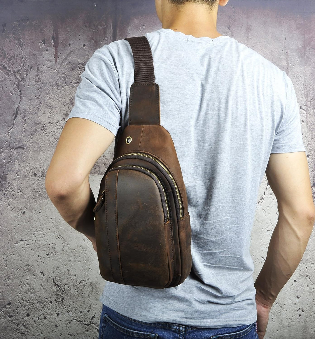 Le’aokuu Herren Echtes Leder Hüfttasche Brusttasche Bauchtsche Crossbody Bag Sling Bag Schultertsche