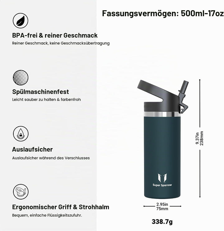 Super Sparrow Trinkflasche Kinder 500ml - Breite Öffnung SwivelSip Thermosflasche - BPA-Frei Thermos