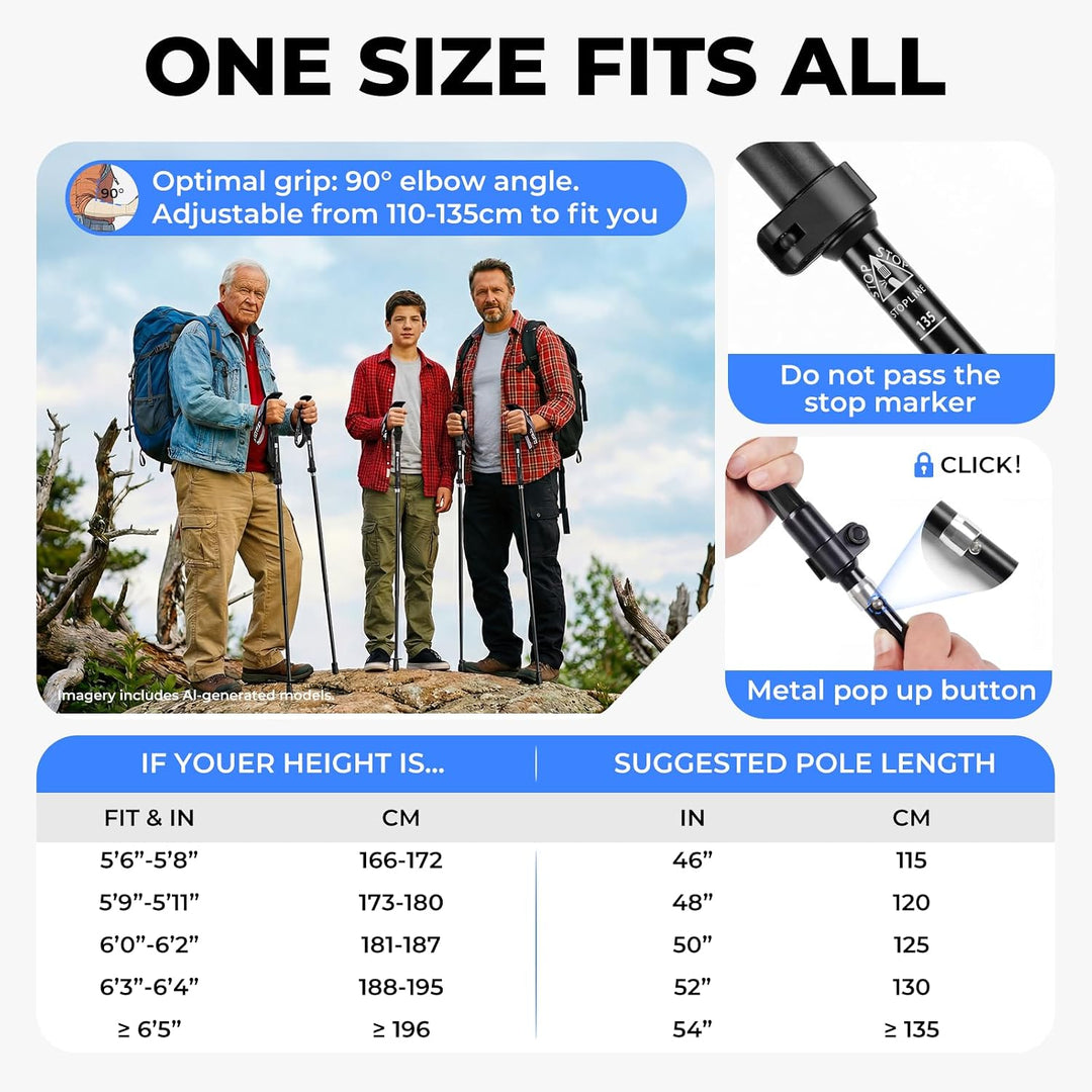 Wanderstöcke für Wandern - Klappbare leichte 7075 Aluminium, 110-135 cm verstellbare dreifache mit r