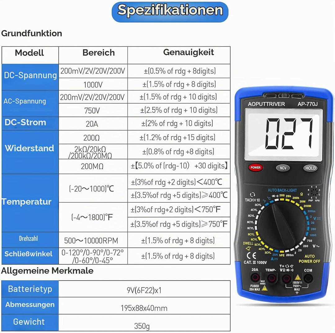 Automotive Multimeter AP-770J Auto Digital Multimeter manueller Streckenauto-Multitester Voltage Det