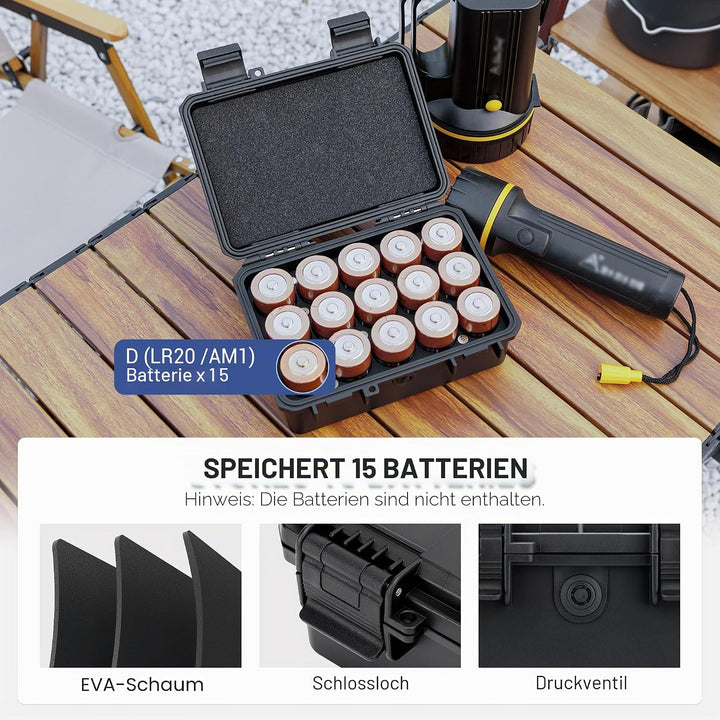 KIWIFOTOS Batterie-Organizer mit 15 Steckplätzen, Typ D, robust, IP67, wasserdicht, LR20/D/AM1 Zelle