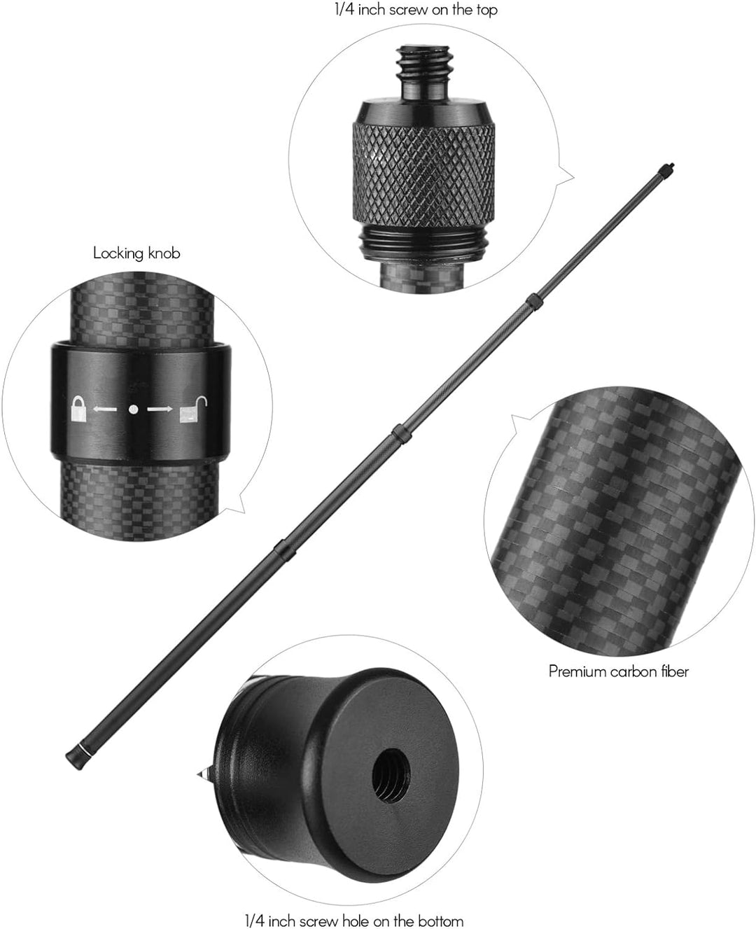 Andoer Einstellbare Verlängerungsstange, Kohlefaser Selfie Stick 1,5 m mit 1/4 Zoll Schraube für Ins