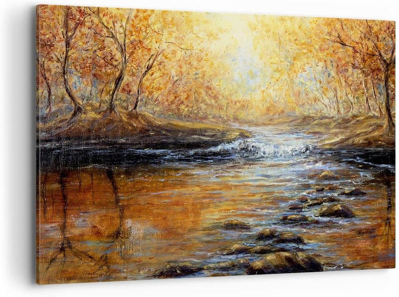 Bilder auf Leinwand 100x70cm Leinwandbild mit Rahmen Bach Park Baum Gross Wanddeko Bild Schlafzimmer