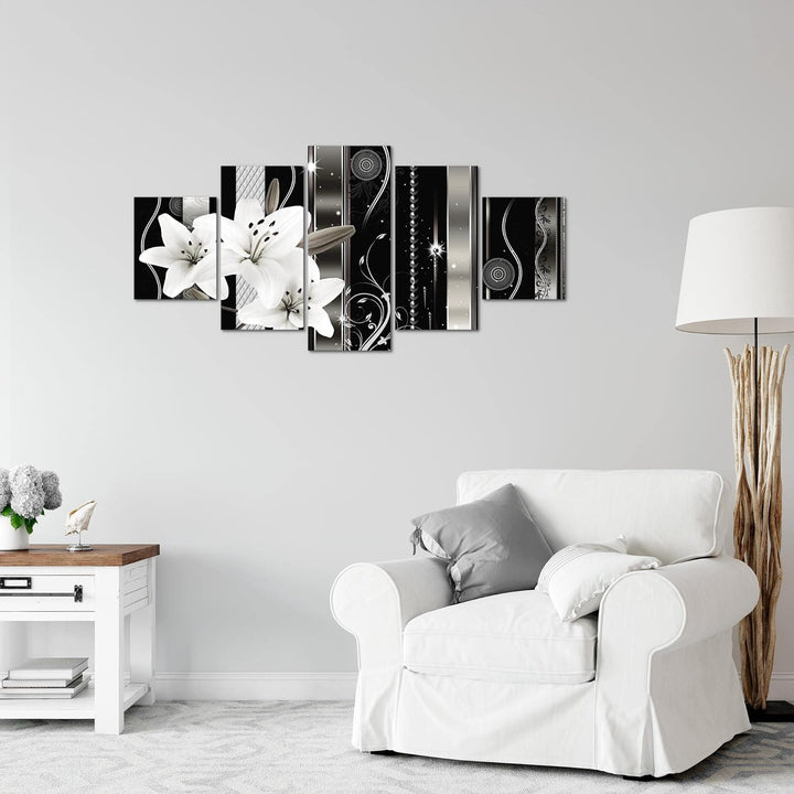 Runa Art Wandbilder Blumen Lilien 5 Teilig Bild auf Vlies Leinwand Deko Wohnzimmer Abstrakt Grau 008
