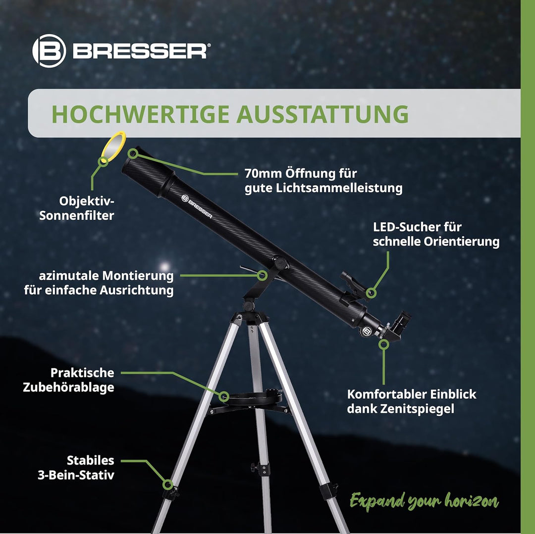 Bresser Einsteiger Linsen-Teleskop Sirius 70/900 AZ mit Smartphone-Adapter, Sonnenfilter, Stativ &amp; Z