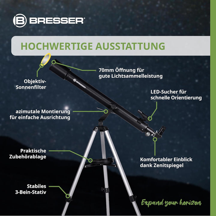 Bresser Einsteiger Linsen-Teleskop Sirius 70/900 AZ mit Smartphone-Adapter, Sonnenfilter, Stativ &amp; Z