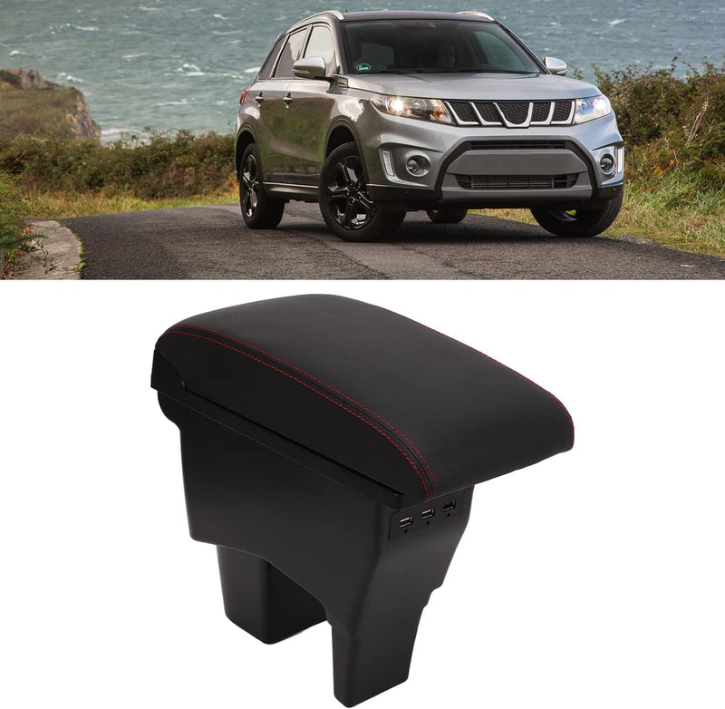 Auto-Armlehnenbox, für Suzuki VITARA Black Mittelkonsole Armlehnen-Aufbewahrungsbox Red Stitch mit U