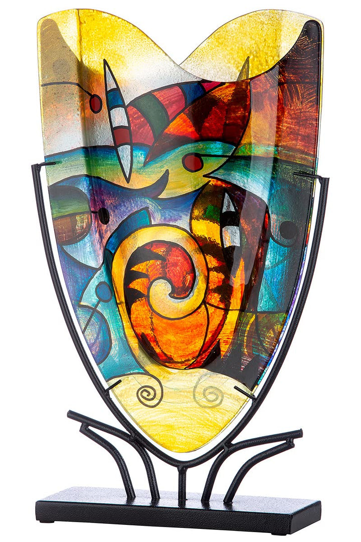 GILDE GLAS art Deko Vase auf schwarzem Metall Ständer - Kunstobjekt handbemalt - Mehrfarbig Höhe 48