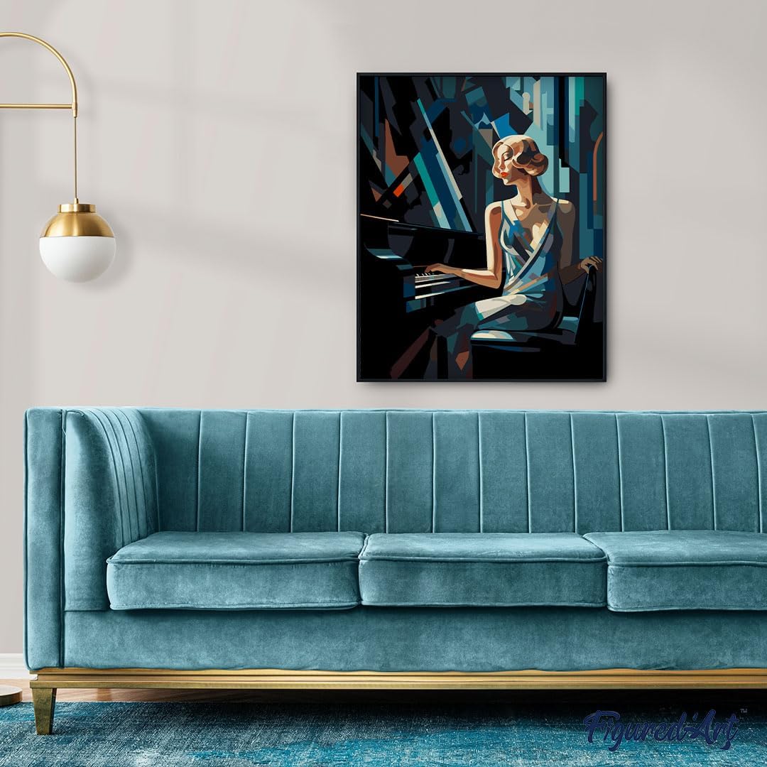 Figured'Art Malen Nach Zahlen Erwachsene Mit Rahmen Art-Deco-Frau am Klavier - Paint by Numbers Bast
